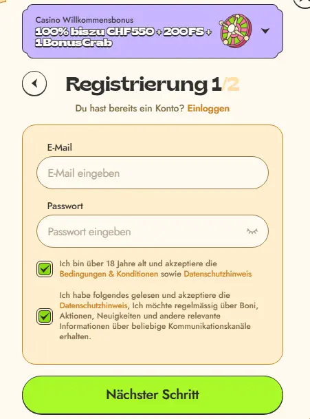 Registrierungsformular – Spielerkonto mit E-Mail-Adresse und Passwort erstellen